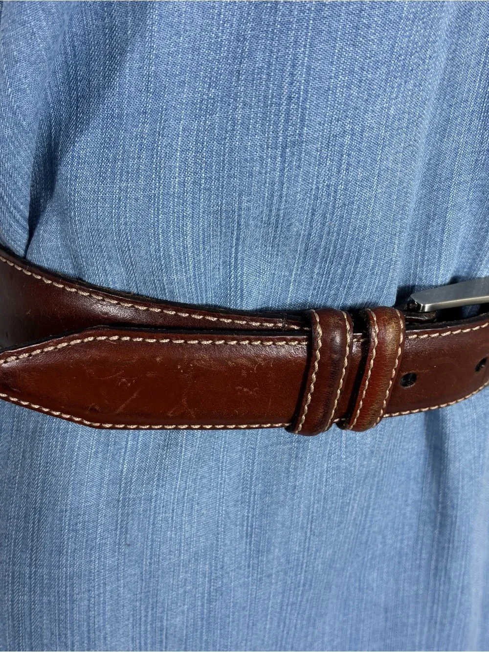 Tulliani unisex belt Sz 42 Italian saddle leather brown white stitching